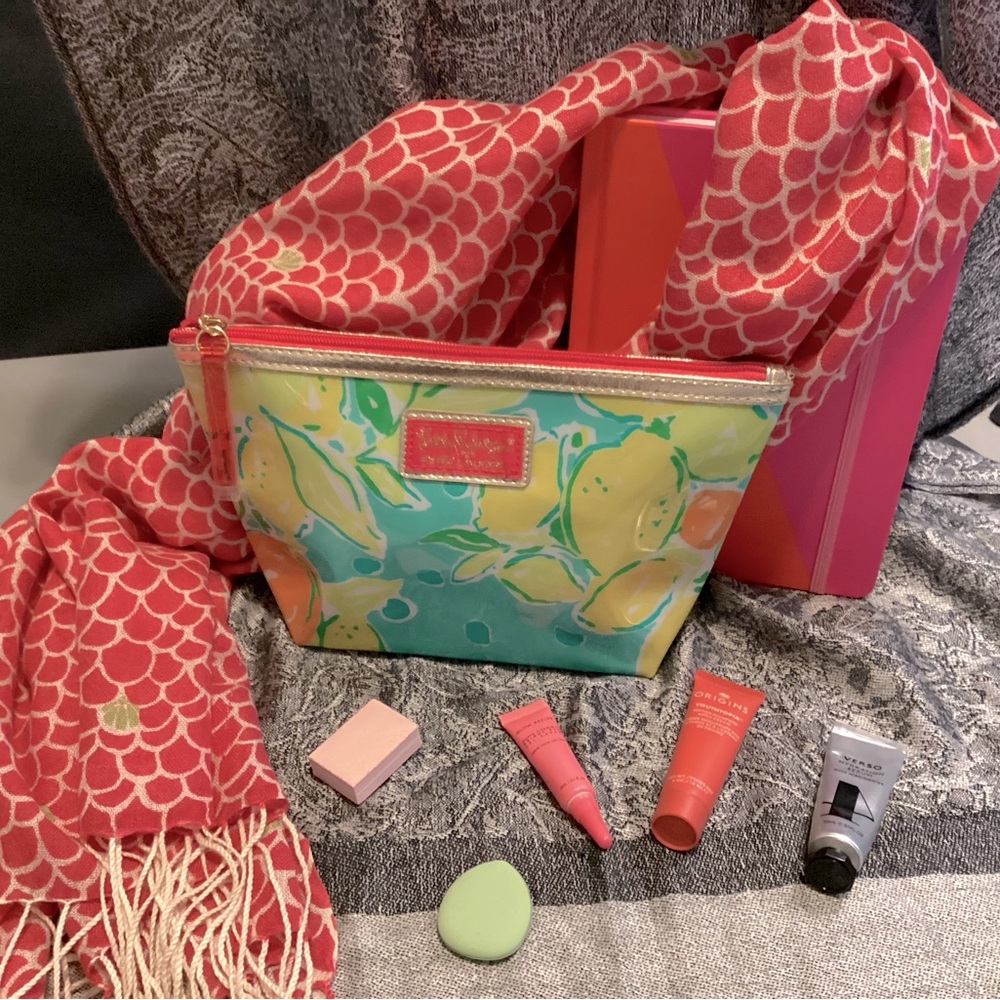 Lily Pulitzer silk & cashmere scarf, cosmetic bag full of goodies